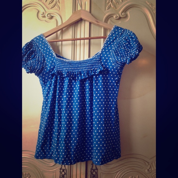 Anthropologie Tops - Anthropology Blue Ruffled PolkaDot blouse